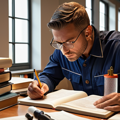 Home 15 **
A dedicated safety engineer studying diligently at a desk filled with books and notes, highlighting key information in safety regulations, with a warm, focused atmosphere.
**