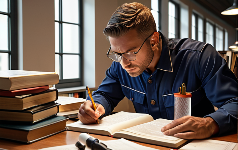 **
A dedicated safety engineer studying diligently at a desk filled with books and notes, highlighting key information in safety regulations, with a warm, focused atmosphere.
**