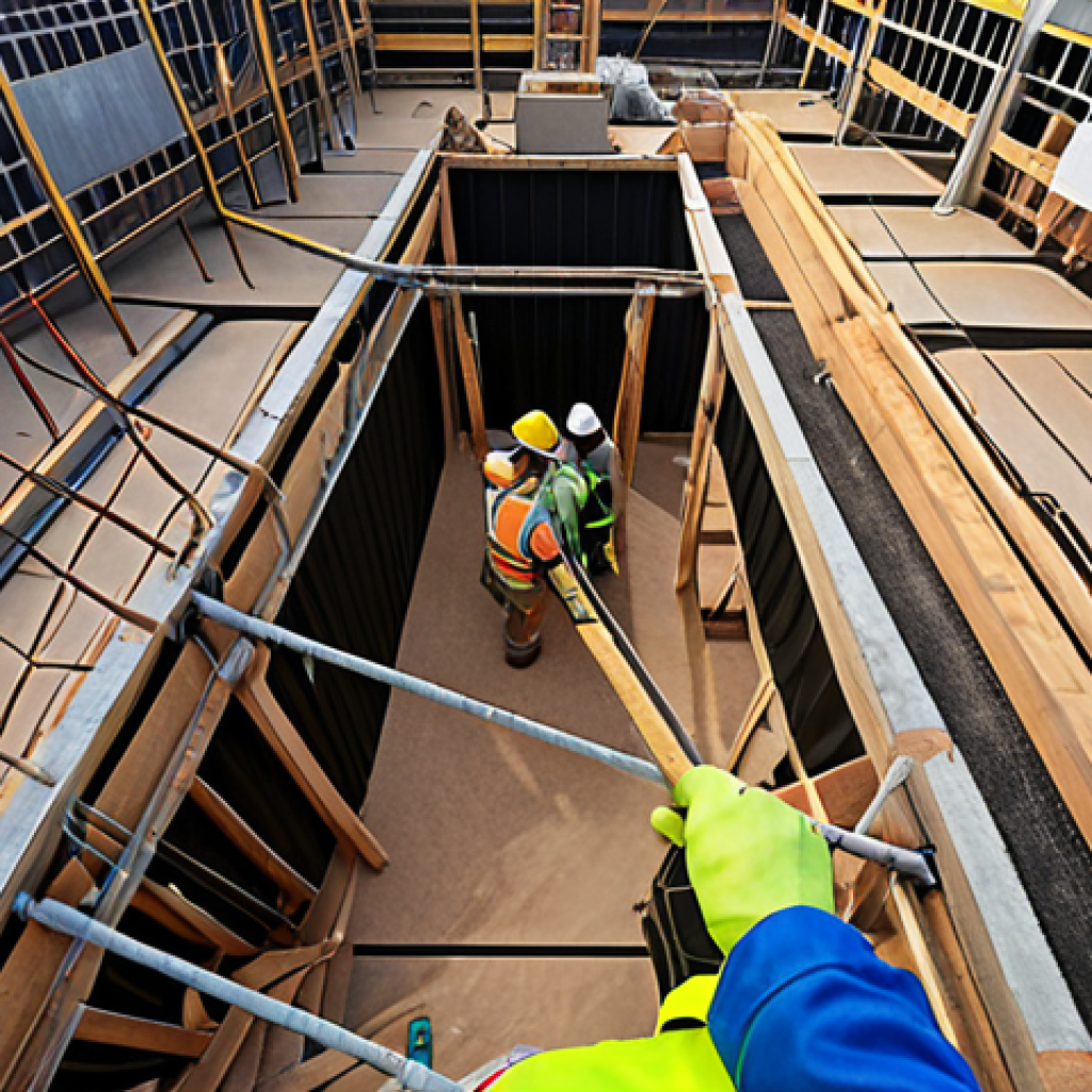 "A hawk's eye view of a construction site highlighting hidden hazards during a risk assessment, resembling a 'find the hidden object' game. Workers are collaboratively identifying potential dangers."