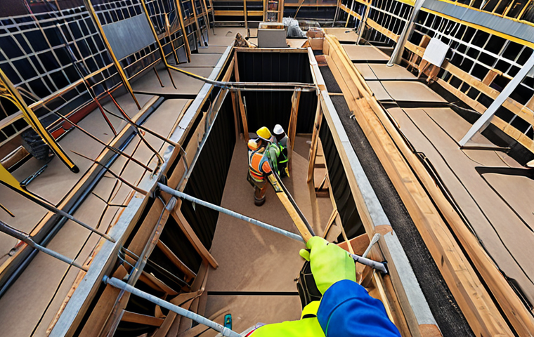 "A hawk's eye view of a construction site highlighting hidden hazards during a risk assessment, resembling a 'find the hidden object' game. Workers are collaboratively identifying potential dangers."
