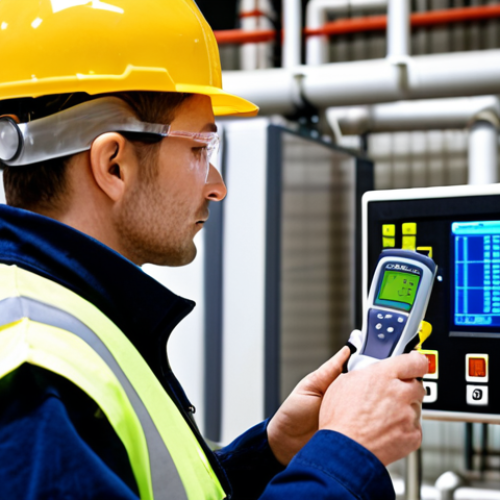 Home 7 A close-up of an industrial safety engineer in a modern chemical plant, wearing a hard hat and safety vest. The engineer is holding a sophisticated, high-tech air sampling device or a gas detector, with its digital screen displaying complex data. The background is slightly blurred, showing factory pipes or machinery, conveying a sense of precision, scientific measurement, and the critical task of detecting unseen hazards to protect lives. The overall mood is serious and professional.