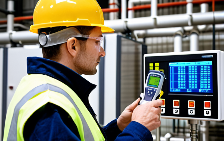 A close-up of an industrial safety engineer in a modern chemical plant, wearing a hard hat and safety vest. The engineer is holding a sophisticated, high-tech air sampling device or a gas detector, with its digital screen displaying complex data. The background is slightly blurred, showing factory pipes or machinery, conveying a sense of precision, scientific measurement, and the critical task of detecting unseen hazards to protect lives. The overall mood is serious and professional.