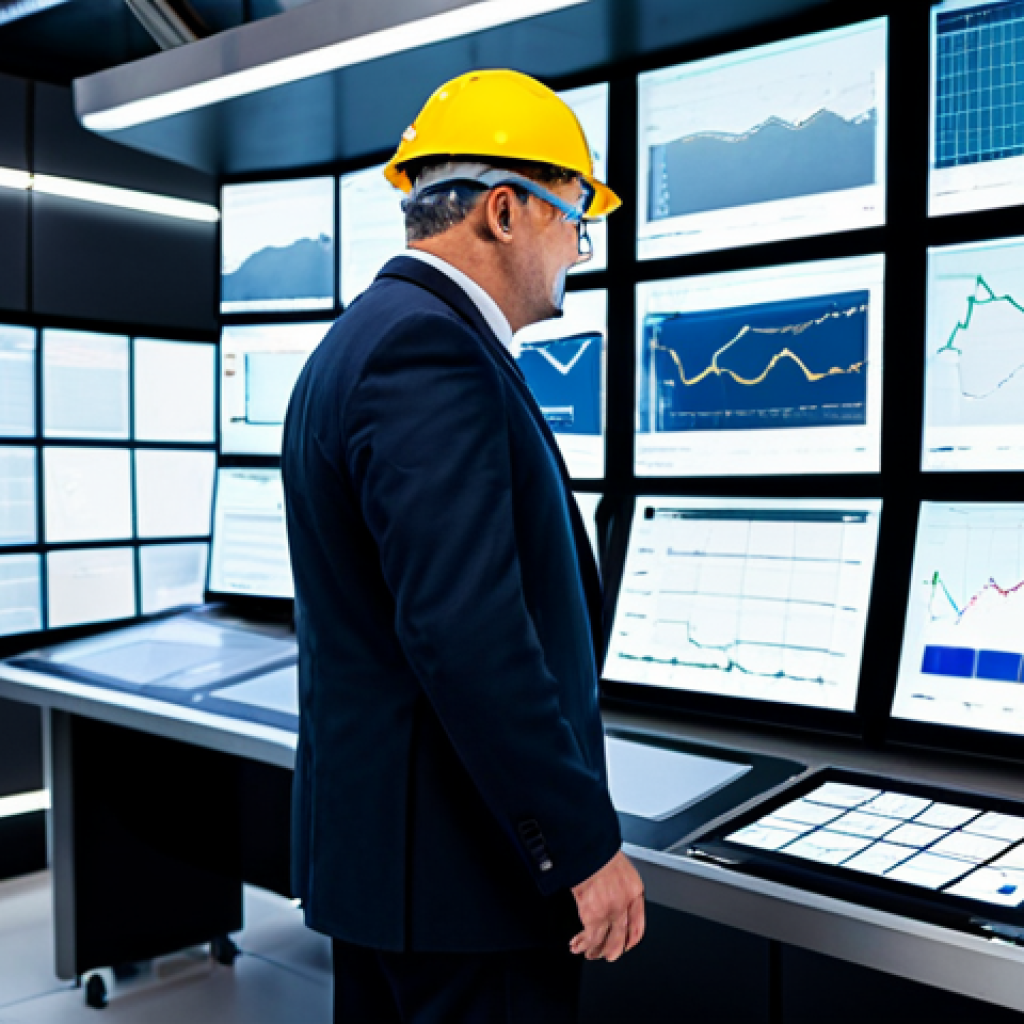 A professional industrial safety engineer, fully clothed in a modest business suit, stands confidently in a state-of-the-art control room. Large holographic screens display complex AI-driven data visualizations, showing real-time predictive analytics of a smart factory floor, highlighting integrated IoT sensors and preventative measures. The atmosphere is innovative and forward-thinking, emphasizing safety as an investment. perfect anatomy, correct proportions, natural pose, well-formed hands, proper finger count, natural body proportions, professional photography, high quality, safe for work, appropriate content, appropriate attire, professional, family-friendly.