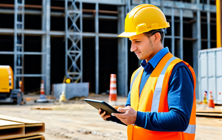 Industrial Safety Engineer**
A professional industrial safety engineer, fully clothed in appropriate work attire (hard hat, safety vest), inspecting a construction site. He's holding a tablet and making notes. Background shows construction workers and equipment. Perfect anatomy, correct proportions, well-formed hands, natural pose, professional, safe for work, appropriate content, fully clothed, family-friendly, high quality.
**