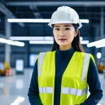 산업안전분야 해외 취업 성공 노하우 - An industrial safety expert, a professional woman in her 30s with a focused expression, wearing a st...