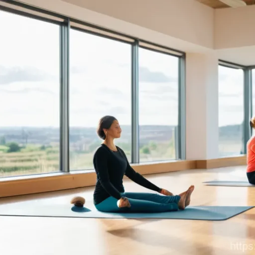 산업안전관리자와 안전교육 프로그램 - **Healing Yoga for Industrial Health Managers:** A serene and brightly lit studio space, with large ...