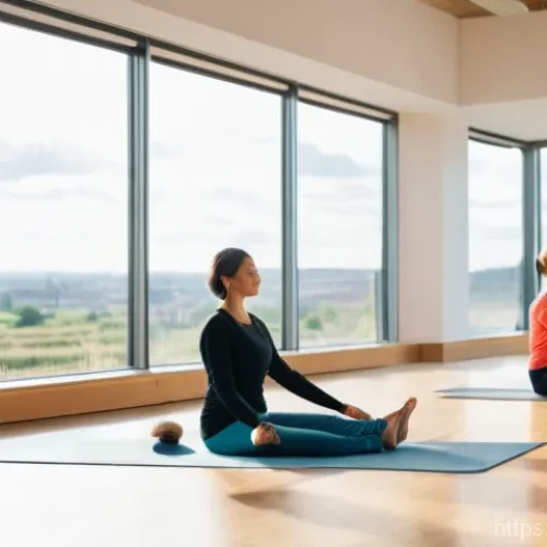 Home 26 산업안전관리자와 안전교육 프로그램 - **Healing Yoga for Industrial Health Managers:** A serene and brightly lit studio space, with large ...