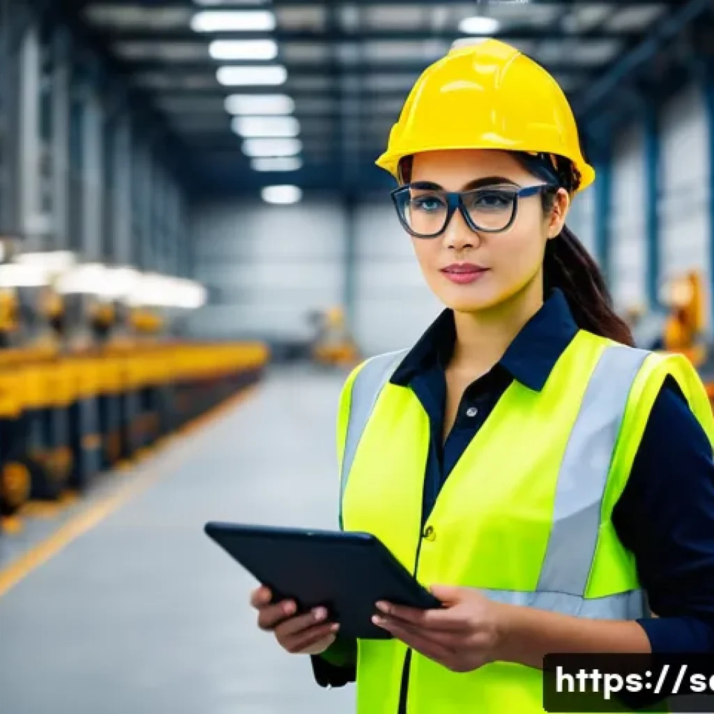 산업안전기사 시험과 관련된 자주 묻는 질문 - **Prompt:** A professional female industrial safety engineer, in her early 30s, stands confidently o...