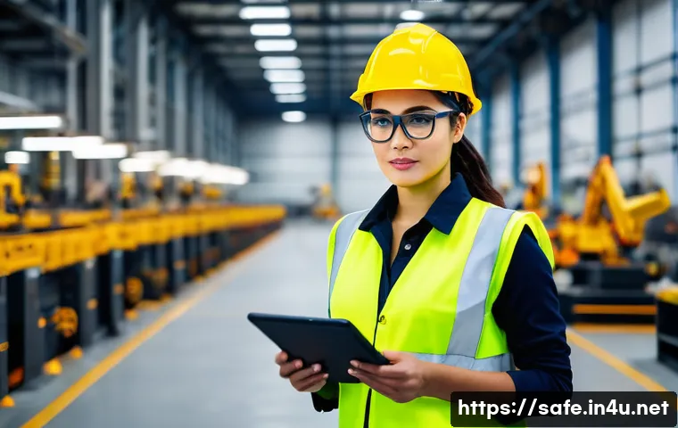 산업안전기사 시험과 관련된 자주 묻는 질문 - **Prompt:** A professional female industrial safety engineer, in her early 30s, stands confidently o...