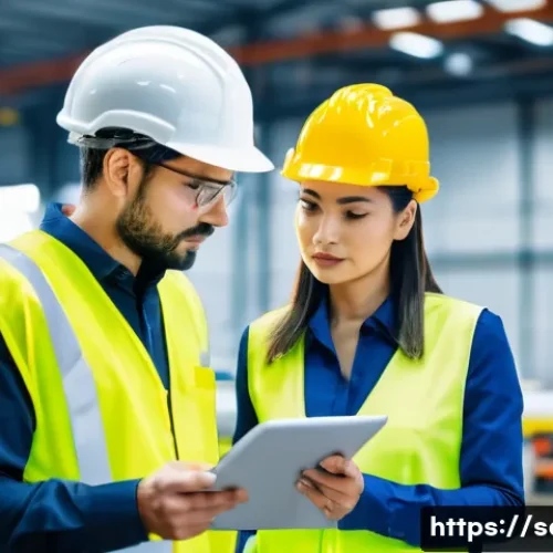 Home 11 산업안전기사와 산업보건관리의 연계성 - A male industrial safety manager and a female occupational health manager, both in their 30s-40s, dr...