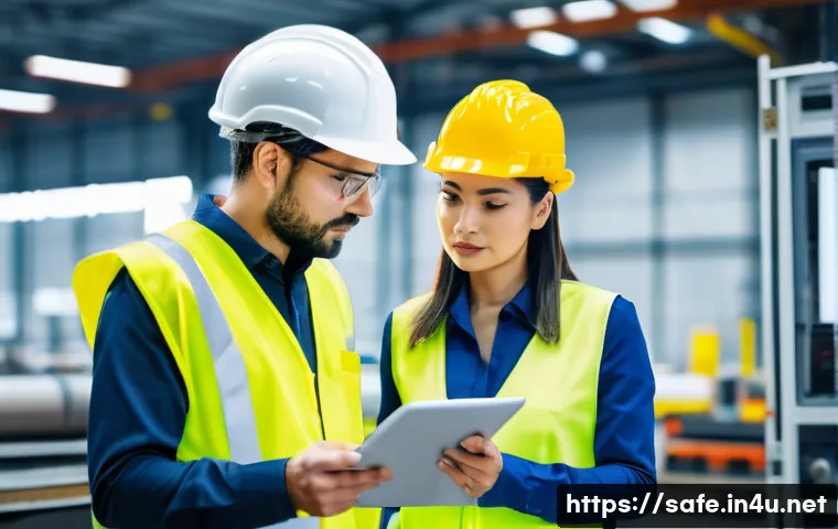 산업안전기사와 산업보건관리의 연계성 - A male industrial safety manager and a female occupational health manager, both in their 30s-40s, dr...